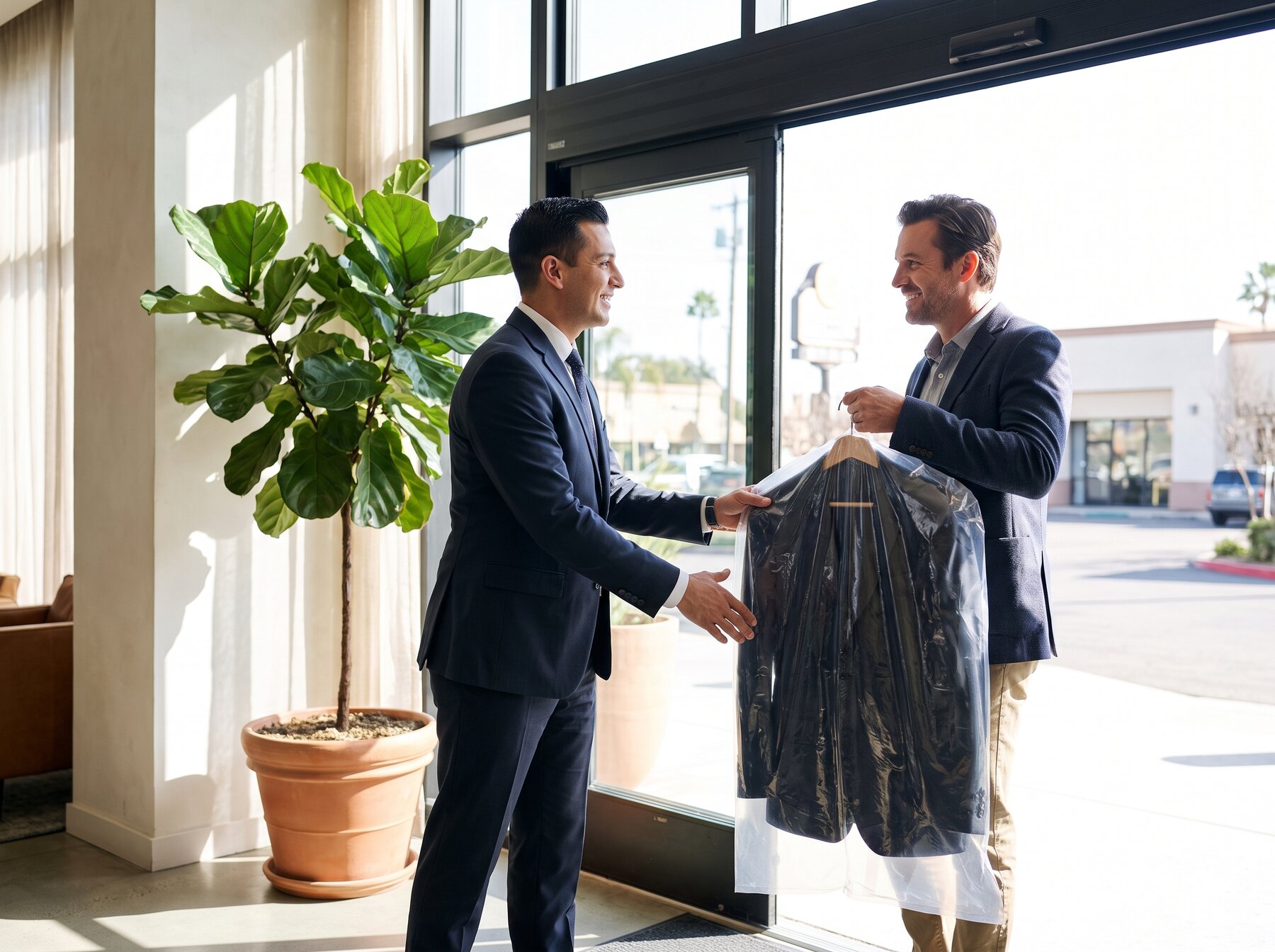 Concierge handing over cleaned garments