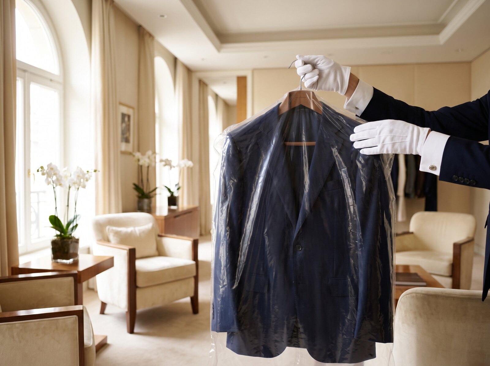 White-glove concierge presenting a freshly cleaned suit