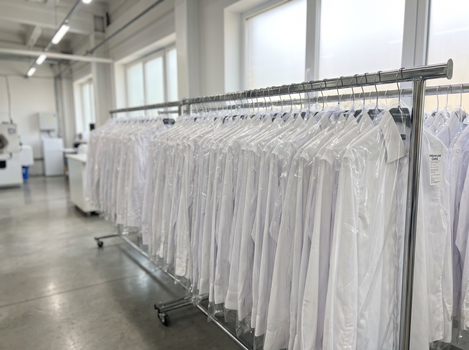 Rack of freshly pressed shirts in protective bags